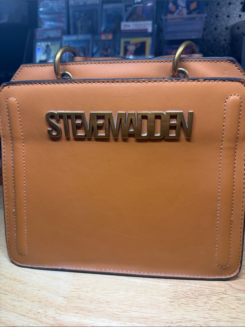 Steve Madden Saddle Brown Leather Messenger with Gold Logo Hardware